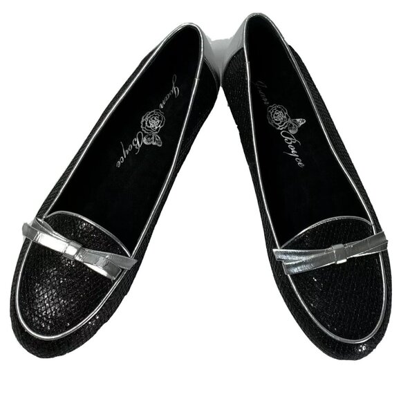 Joan Boyce Slip On Flats Shoes Size 7 Black Silver Bow Loafers Comfort Shimmer - Picture 8 of 11